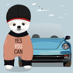 White Samoyed dog illustration car vector cute