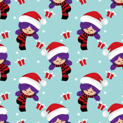 Seamless pattern of cute girl wear Santa hat and scarf with red gift box and stars on a light blue background. Vector illustration for Christmas holiday.