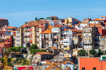 Fototapeta na wymiar Porto, Portugal old town ribeira aerial promenade view with colorful houses