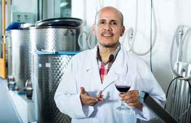 Naklejka na ściany i meble Smiling winery worker holding glass of wine