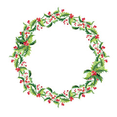 Watercolor Christmas Wreath with Holly,leaves,berries on white background.