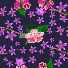 Tropical flower seamless vector pattern, floral fashionable tropic background for fabric textile, exotic hawaiian floral texture for print, trendy natural leaves for fashion textile on black