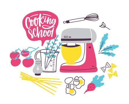 Banner template with cookware or kitchen utensils for food preparation. Colorful vector illustration in modern flat style for cooking school, culinary classes or lessons advertisement, promotion.