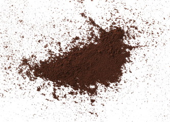 Instant powdered coffee isolated on white background, top view