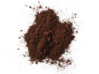 Instant powdered coffee isolated on white background, top view