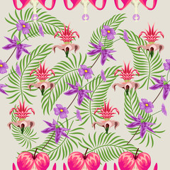 Fototapeta na wymiar Tropical flower seamless vector pattern, floral fashionable tropic background for fabric textile, exotic hawaiian floral texture for print, trendy natural hand drawn leaves for fashion textile