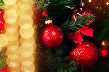 Decorated Christmas tree closeup.