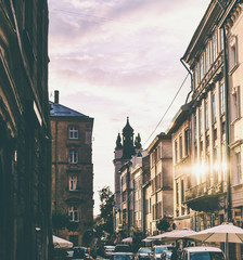 Old European city at sunset.