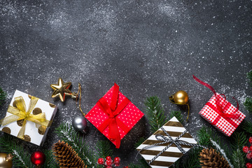 Christmas background - red, Gold and silver decorations and pres