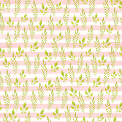 Leaves seamless green leaves floral with pink stripes pattern. use for wrapping paper, textiles, trendy wallpaper, watercolour hand paint painted.