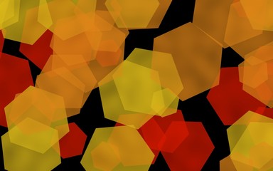 Multicolored translucent hexagons on dark background. Orange tones. 3D illustration
