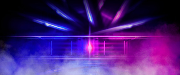 Background wall with neon lines and rays. Background dark corridor with neon light. Abstract...