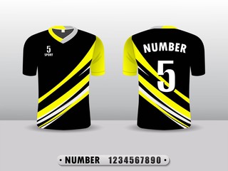 Yellow and balck football club t-shirt sport  template design. Inspired by the abstract. Front and back view. Vector Illustration EPS10.