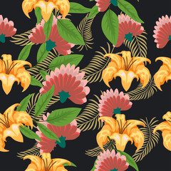 Tropical flower seamless vector pattern, floral fashionable tropic background for fabric textile, exotic hawaiian floral texture for print, orange leaves for fashion textile on black background