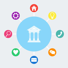 Portico an ancient temple. Bank. Official Place with the building facade with three pillars. Vector illustration.