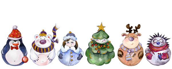 Set of Christmas characters (reindeer, polar bear, hedgehog; penguin, Snow Maiden, Christmas tree) isolated on white background. Watercolor painting.
