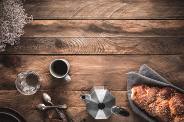 Bread and coffee. Morning breakfast.