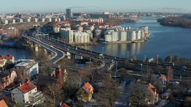 Aerial view of residential island Stora Essingen and highway Essingeleden in Stockholm, Sweden