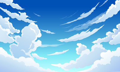 Blue sky with white clouds clear sunny day, landscape, background with clouds, vector illustration