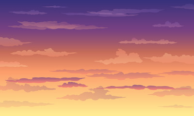 Sunset sky in yellow-violet color with clouds, gradient, landscape, background with clouds, vector illustration