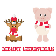 cartoon christmas deer and winter pig with scarf and christmas text