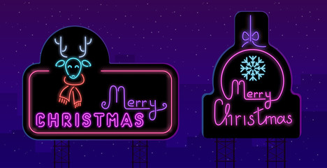 Merry Christmas neon luminous signs with cute deer and snowflake.