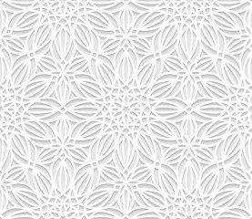 Vector seamless oriental pattern. White floral volumetric pattern with shadow.