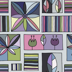 Seamless vector colorful decorative hand drawn pattern with geometrical motifs, flowers. Graphic vintage design. Print for wrapping, wallpaper, surface, packaging.