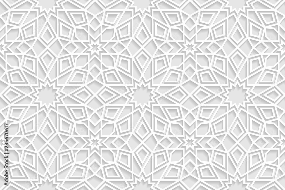 Poster vector white islamic horizontal background. seamless oriental volumetric pattern with shadow.
