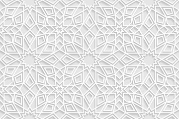 Vector white islamic horizontal background. Seamless oriental volumetric pattern with shadow.