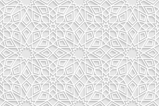 Vector White Islamic Horizontal Background. Seamless Oriental Volumetric Pattern With Shadow.