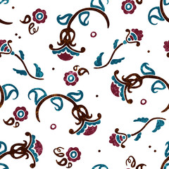 Seamless floral pattern. Simple vintage ornament. Cute print fabric. Blue, brown and purple color on a white background. Vector illustration.