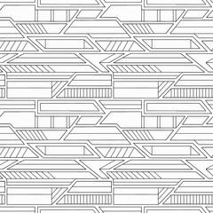 Geometric vector seamless pattern with different geometrical forms. Square, triangle, rectangle, lines. Modern techno design. Abstract background. Graphic black and white Illustration