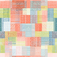 Seamless pattern in patchwork style. Multi-colored square patches. Grungy vintage geometric pattern. Ethnic and tribal motifs. Blue, white, green, pink and coral colors. Vector illustrations. - obrazy, fototapety, plakaty