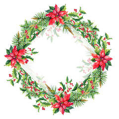 Fototapeta na wymiar Watercolor Merry Christmas Frame with Red poinsettia flowers,Holly,leaves,berries,pine,spruce,green twigs on white