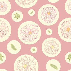 Pink floral vector pattern with cream dahlia and circles.