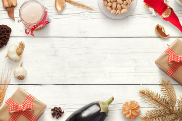 Traditional Christmas vintage composition on white wooden table. Top view.