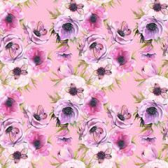Watercolor seamless pattern with anemones and butterflies. Romantic botanical wallpaper.