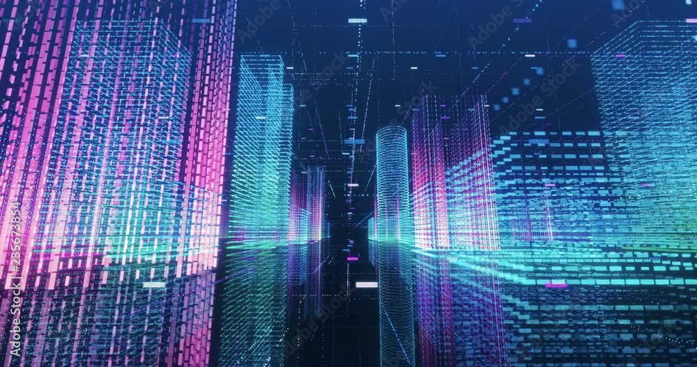 Leinwandbilder Seamless loop abstract hologram 3D city rendering with futuristic matrix. Digital buildings with a binary code particles network. Technology and connection concept. 