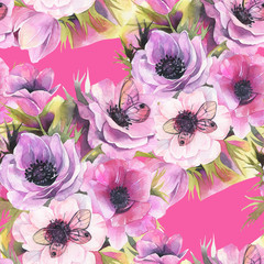 Watercolor seamless pattern with anemones and butterflies. Romantic botanical wallpaper.