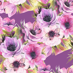 Watercolor seamless pattern with anemones and butterflies. Romantic botanical wallpaper.
