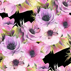 Watercolor seamless pattern with anemones and butterflies. Romantic botanical wallpaper.