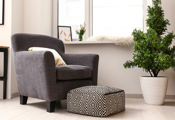 Comfortable armchair with houseplant near window in room
