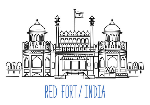 Red Fort, India. Hand drawn outline vector illustration isolated on white background
