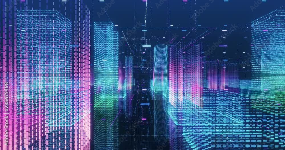 Poster Seamless loop abstract hologram 3D city rendering with futuristic matrix. Digital buildings with a binary code particles network. Technology and connection concept. 