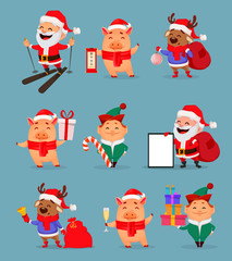 Santa Claus, piggy, Santa helper Elf and deer