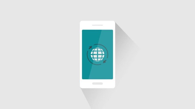 Flat 4K animation of rotating globe sphere on smartphone with long shadow and arrows, symbol of worldwide services or web connection