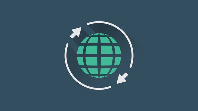 Flat 4K animation of rotating globe sphere with long shadow and arrows, symbol of worldwide services
