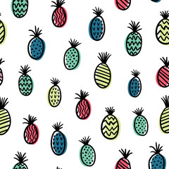 Neon pineapple seamless pattern. Cute hand drawn doodles. Vector template design for textile, backgrounds, packages, wrapping paper, fabric, wallpaper.