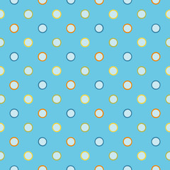 Light blue repeat pattern with colourful polka dots. Surface pattern design.